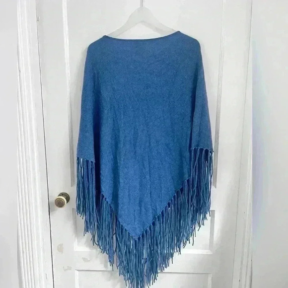 Minnie Rose Cashmere Blue Cowl Neck Open Stitch Poncho with Fringe One Size - Picture 4 of 4